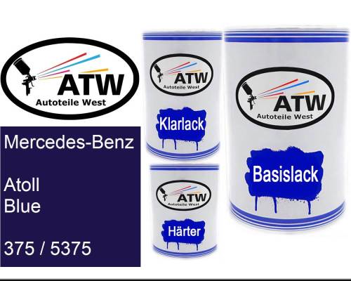 Mercedes-Benz, Atoll Blue, 375 / 5375: 500ml Lackdose + 500ml Klarlack + 250ml Härter - Set, von ATW Autoteile West.